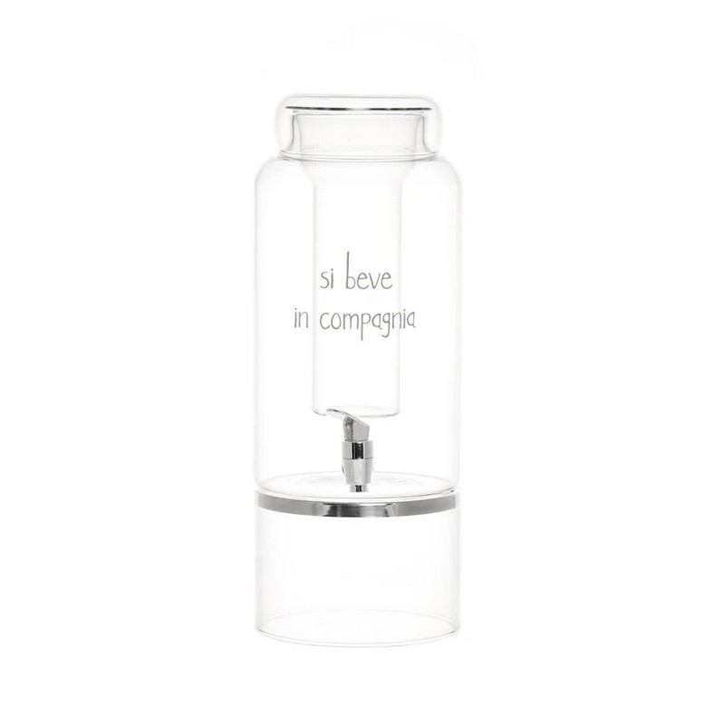 Dispenser per bevande in vetro da 3 litri con rubinetto, portaghiaccio e alzata decorato con scritta “Si beve in compagnia